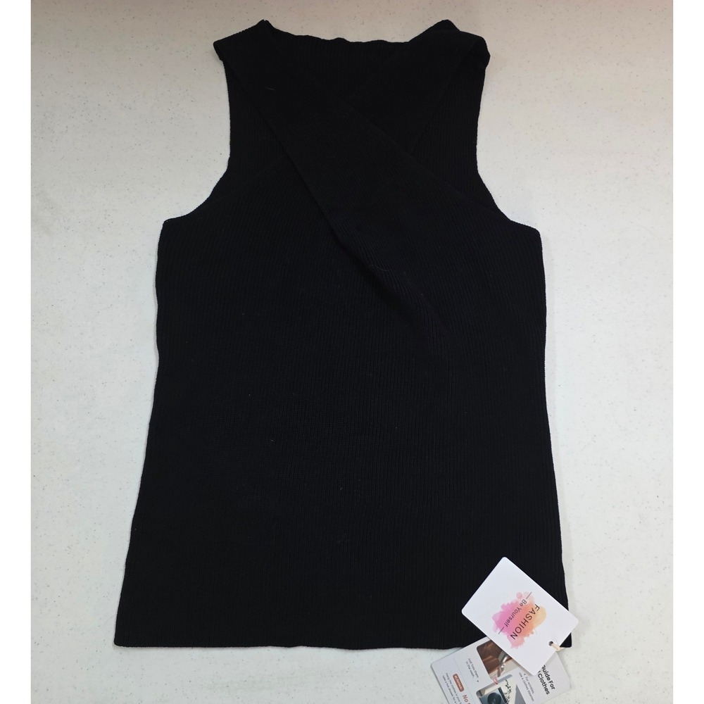 Fashion Black Ribbed Crossover Front Sleeveless Knit Top XS JYYS-1639 New